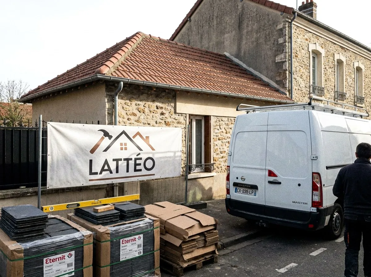 Bâche Lattéo sur la clôture d'une maison en meulière de Corbeil-Essonnes, toiture refaite en tuiles et palettes rangées le long du trottoir